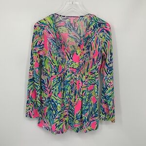 Lilly Pulitzer Braylen tunic top blouse shirt cotton pleated long pink blue S